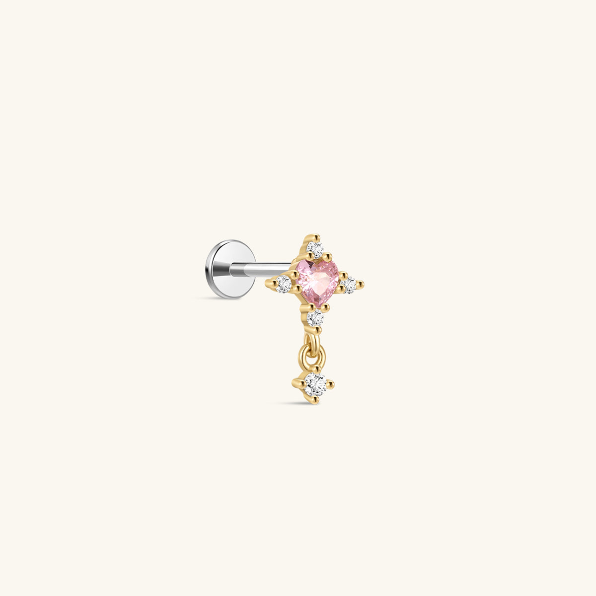 KOSINER Pink Ritual 925 sterling silver cross drop flat back stud, polished gold cross frame centered with a pink heart gemstone, surrounded by clear round crystals and fitted with a delicate dangling crystal charm, hypoallergenic internally threaded cartilage piercing earring