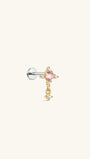 KOSINER Pink Ritual 925 sterling silver cross drop flat back stud, polished gold cross frame centered with a pink heart gemstone, surrounded by clear round crystals and fitted with a delicate dangling crystal charm, hypoallergenic internally threaded cartilage piercing earring