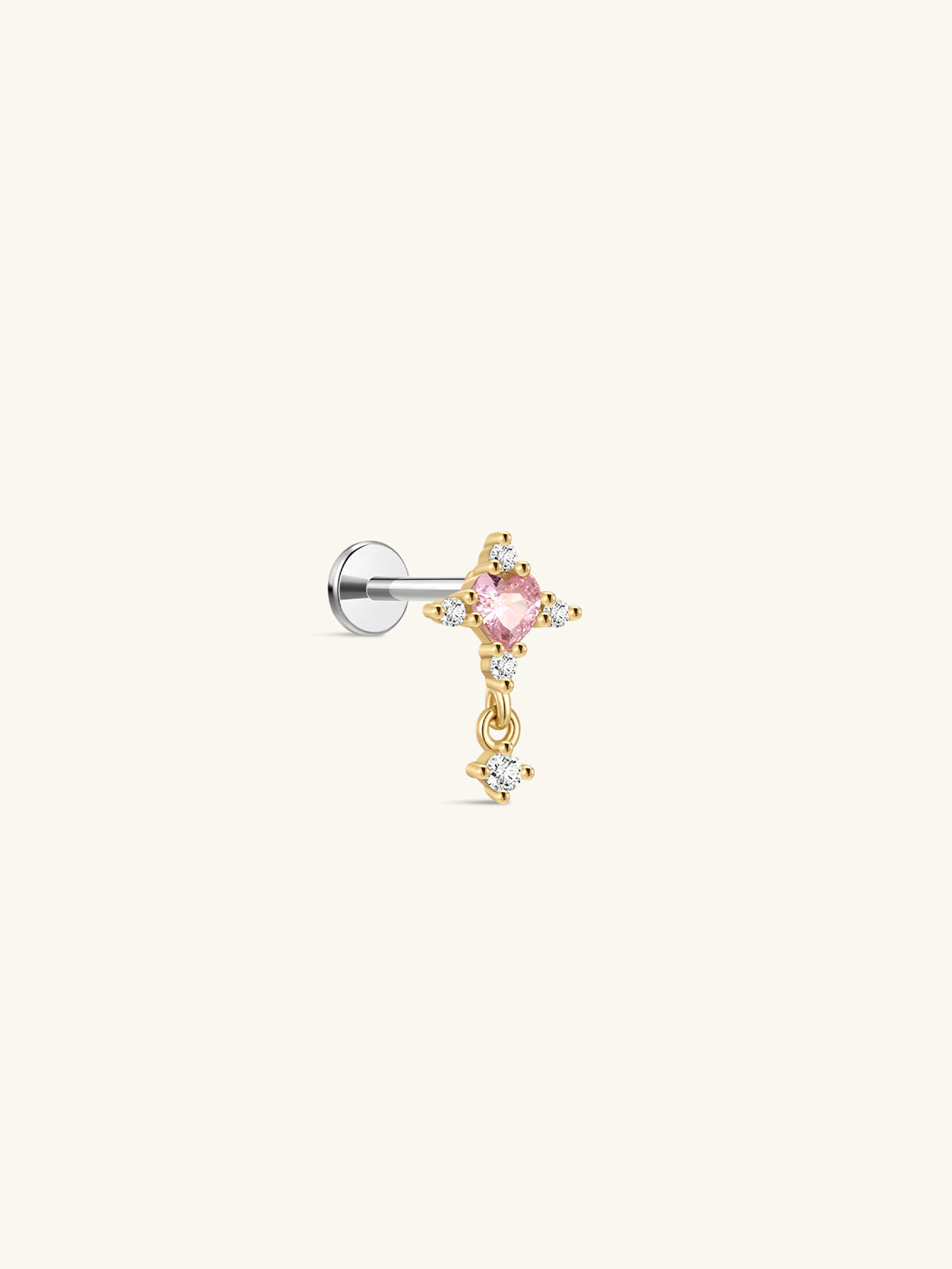 KOSINER Pink Ritual 925 sterling silver cross drop flat back stud, polished gold cross frame centered with a pink heart gemstone, surrounded by clear round crystals and fitted with a delicate dangling crystal charm, hypoallergenic internally threaded cartilage piercing earring