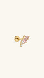 KOSINER Pink Ritual 925 sterling silver romantic wing flat back stud, polished gold wing frame inlaid with gradient pink baguette-cut gems and clear round crystals, hypoallergenic internally threaded cartilage piercing earring