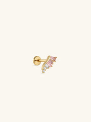 KOSINER Pink Ritual 925 sterling silver romantic wing flat back stud, polished gold wing frame inlaid with gradient pink baguette-cut gems and clear round crystals, hypoallergenic internally threaded cartilage piercing earring