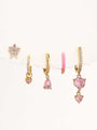 Gold-plated 925 sterling silver earrings with pink CZ: flower stud, heart hoop, pear drop, pink hoop, double dangle.
