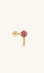 KOSINER Pink Ritual 14K solid gold romantic key flat back stud, classic key silhouette with the round top fully paved with sparkling pink gemstones, hypoallergenic internally threaded cartilage piercing earring