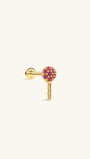 KOSINER Pink Ritual 14K solid gold romantic key flat back stud, classic key silhouette with the round top fully paved with sparkling pink gemstones, hypoallergenic internally threaded cartilage piercing earring