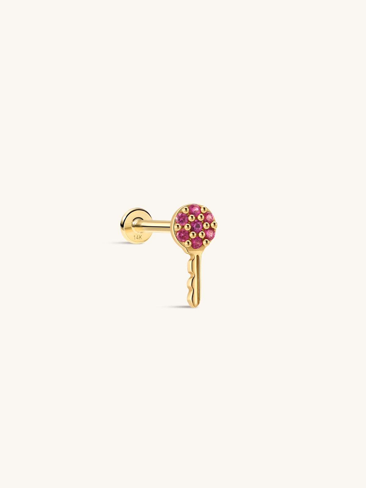 KOSINER Pink Ritual 14K solid gold romantic key flat back stud, classic key silhouette with the round top fully paved with sparkling pink gemstones, hypoallergenic internally threaded cartilage piercing earring