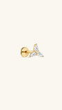 14K solid gold Trinity Knot flat back labret stud, three pear cut cubic zirconia trinity symbol cartilage piercing earring, front view on cream neutral background