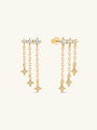 Pair of KOSINER Starlight 925 sterling silver gold triple layer star chain tassel stud earrings, three clear cubic zirconia top stones with dangling four-point star charms flat back cartilage piercing