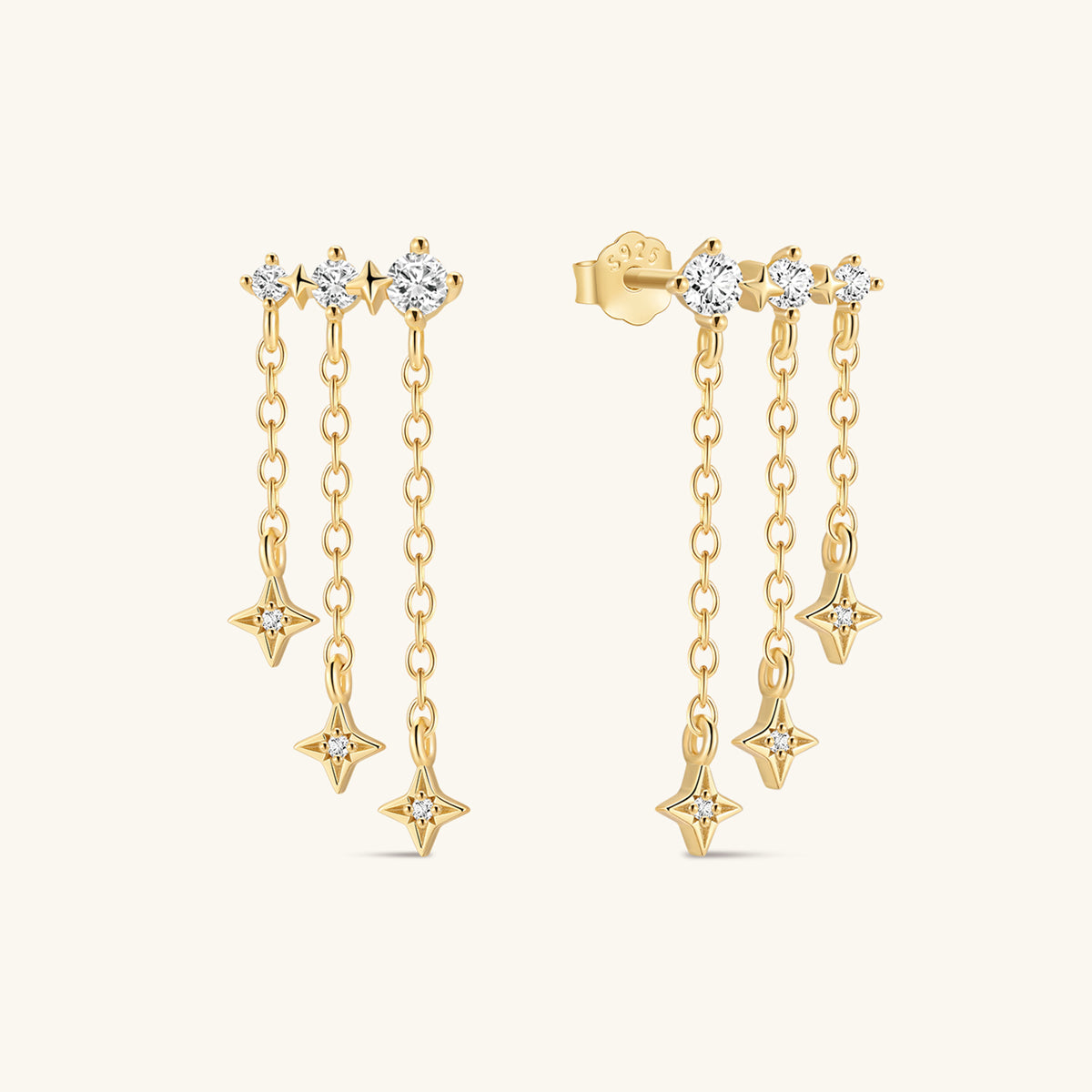 Pair of KOSINER Starlight 925 sterling silver gold triple layer star chain tassel stud earrings, three clear cubic zirconia top stones with dangling four-point star charms flat back cartilage piercing
