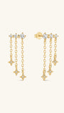 Pair of KOSINER Starlight 925 sterling silver gold triple layer star chain tassel stud earrings, three clear cubic zirconia top stones with dangling four-point star charms flat back cartilage piercing