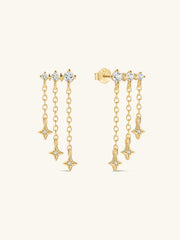 Pair of KOSINER Starlight 925 sterling silver gold triple layer star chain tassel stud earrings, three clear cubic zirconia top stones with dangling four-point star charms flat back cartilage piercing