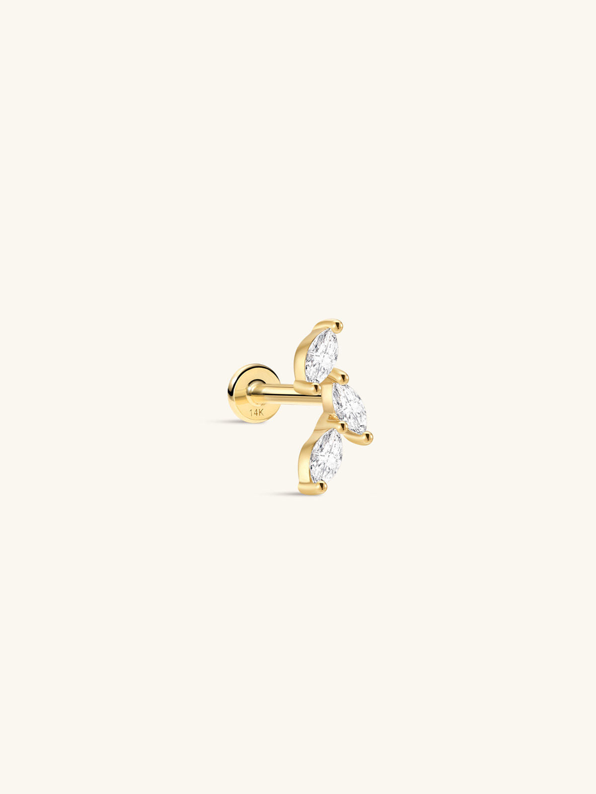 KOSINER 14K Solid Gold Three Marquise Leaf Flat Back Stud, Nickel-Free Waterproof Elegant Dainty Multi Piercing Jewelry for Women
