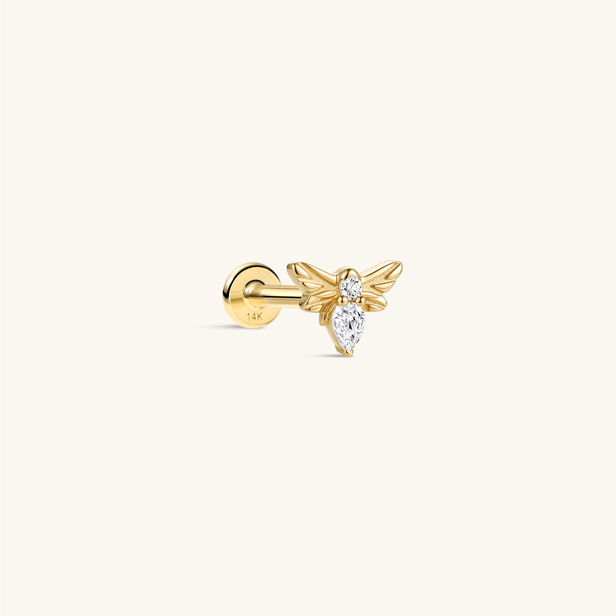 14K solid gold tiny bee flat back stud earring, pear cut cubic zirconia dainty bee cartilage piercing jewelry, close-up front view on neutral beige background