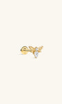 14K solid gold tiny bee flat back stud earring, pear cut cubic zirconia dainty bee cartilage piercing jewelry, close-up front view on neutral beige background