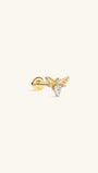 14K solid gold tiny bee flat back stud earring, pear cut cubic zirconia dainty bee cartilage piercing jewelry, close-up front view on neutral beige background