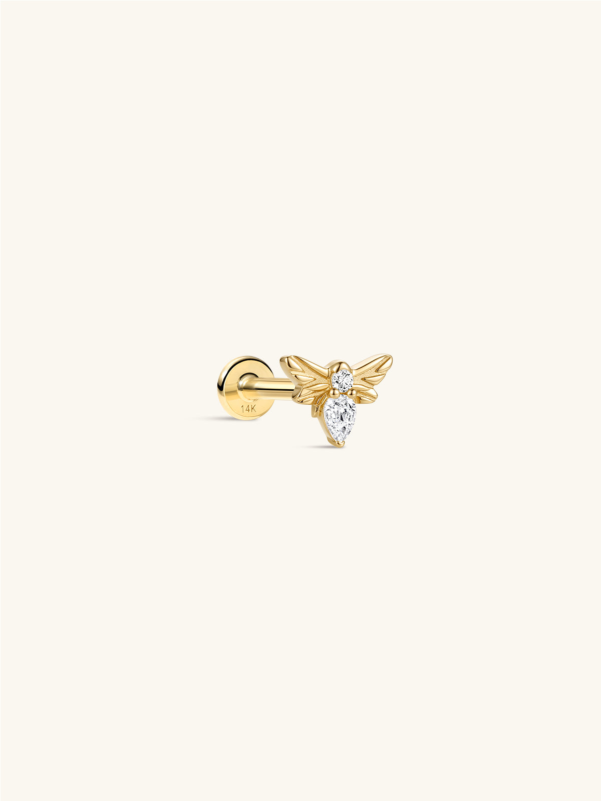 14K solid gold tiny bee flat back stud earring, pear cut cubic zirconia dainty bee cartilage piercing jewelry, close-up front view on neutral beige background