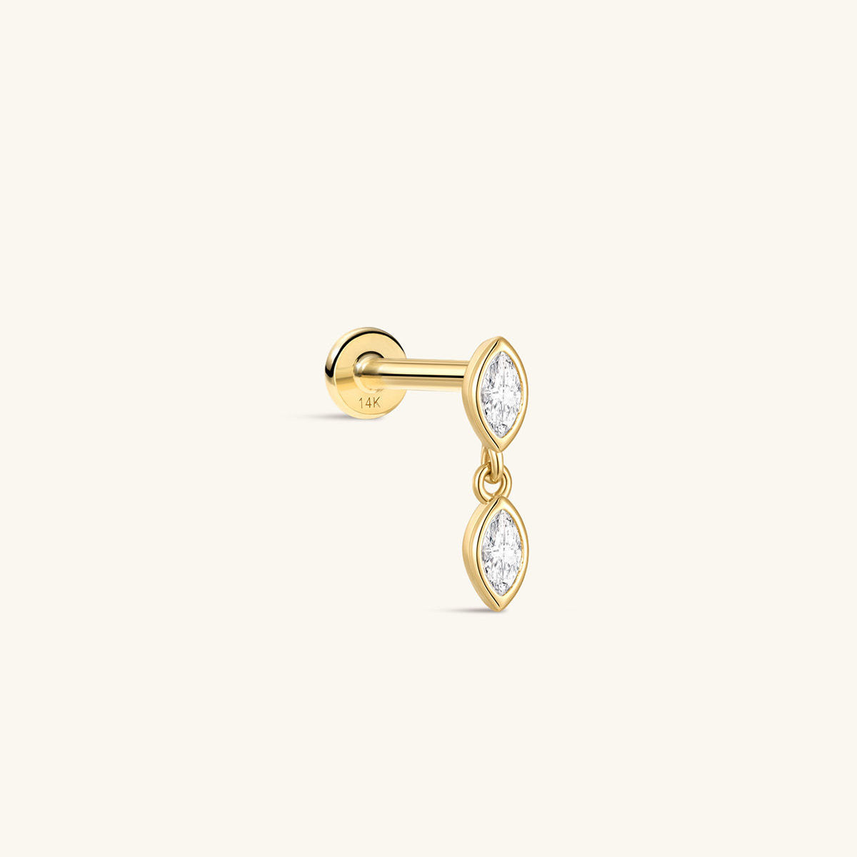 KOSINER 14K Solid Gold Dual Bezel Marquise Dangle Flat Back Stud, Nickel-Free Waterproof Elegant Dainty Multi Piercing Jewelry for Women