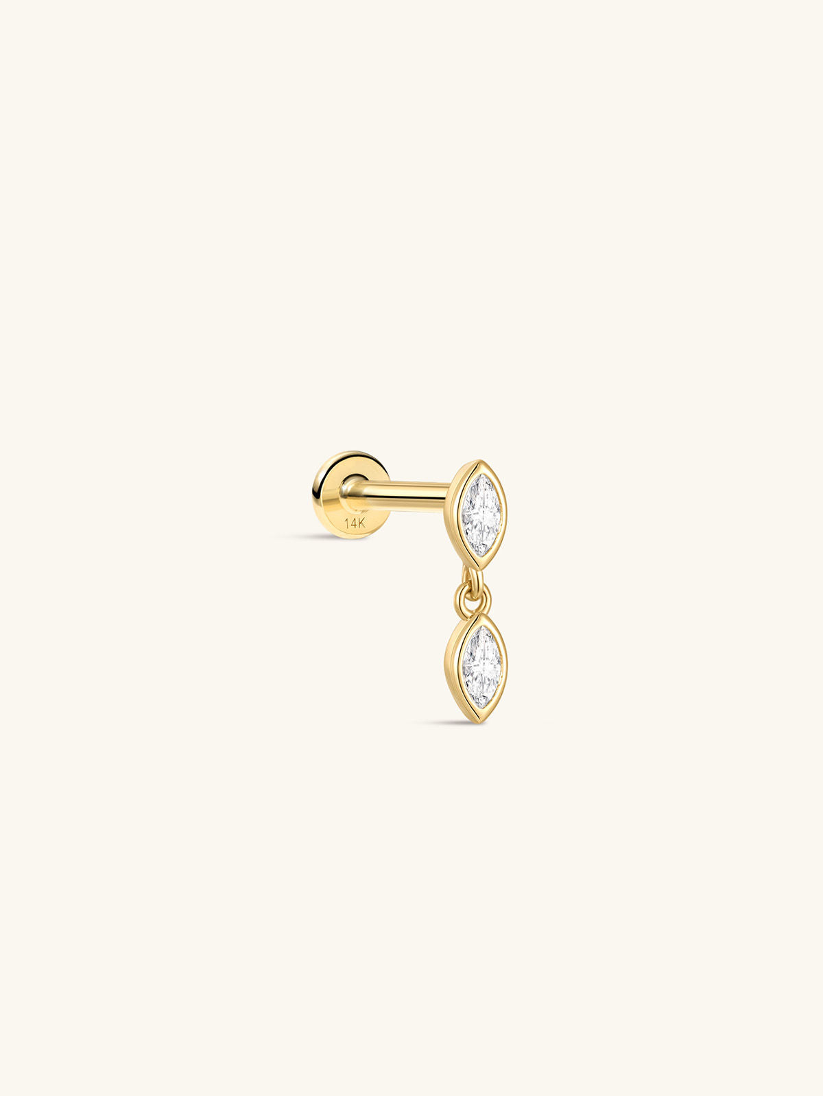 KOSINER 14K Solid Gold Dual Bezel Marquise Dangle Flat Back Stud, Nickel-Free Waterproof Elegant Dainty Multi Piercing Jewelry for Women