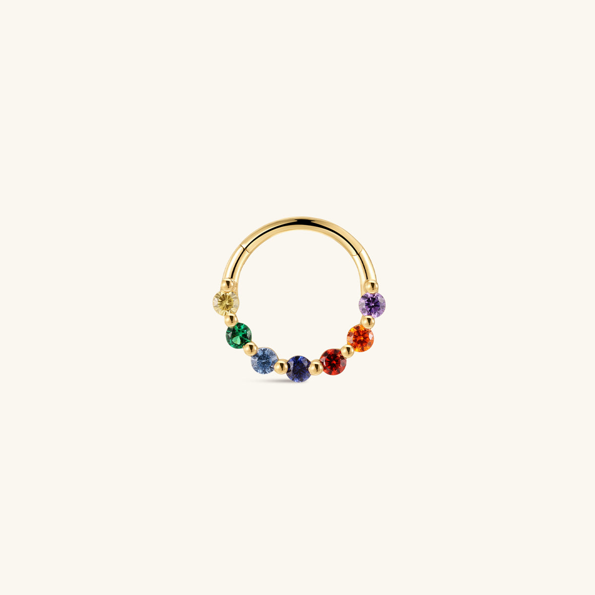 KOSINER colorful rainbow beaded clicker hoop 14K solid gold, full circle multi round cubic zirconia seamless hinged cartilage piercing ring