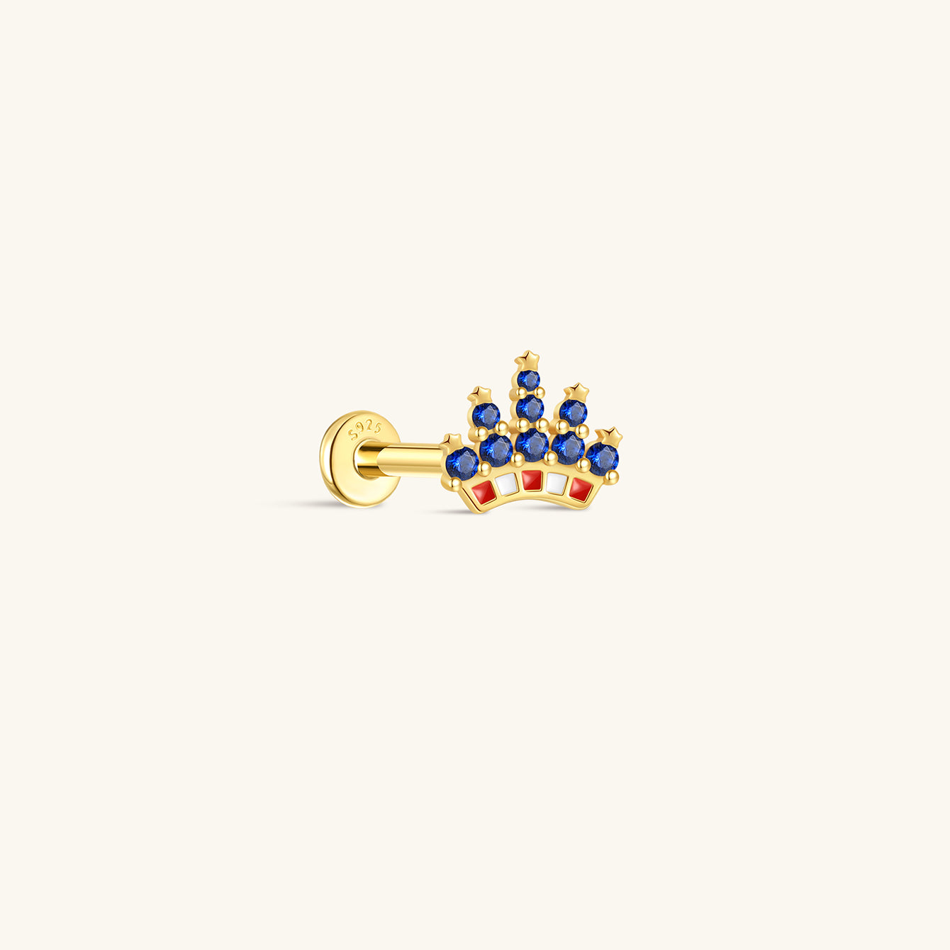 KOSINER 925 Sterling Silver Independence Day Patriotic Crown Flat Back Stud, golden crown design set with deep blue round crystals, decorated with red & white patriotic enamel details, hypoallergenic internally threaded cartilage piercing earring for 4th of July holiday