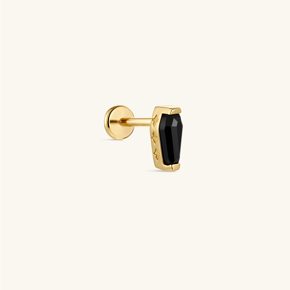 14K solid gold black coffin flat back labret stud, black onyx goth coffin cartilage piercing earring, front view on cream neutral background