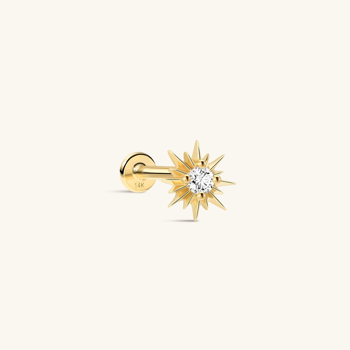 KOSINER Étoile 14K Solid Gold Delicate Sun Flat Back Stud, multi-pointed radiating sunburst silhouette, center prong-set round clear cubic zirconia, hypoallergenic internally threaded labret piercing earring for refined curated ear stacking