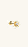 KOSINER Étoile 14K Solid Gold Delicate Sun Flat Back Stud, multi-pointed radiating sunburst silhouette, center prong-set round clear cubic zirconia, hypoallergenic internally threaded labret piercing earring for refined curated ear stacking
