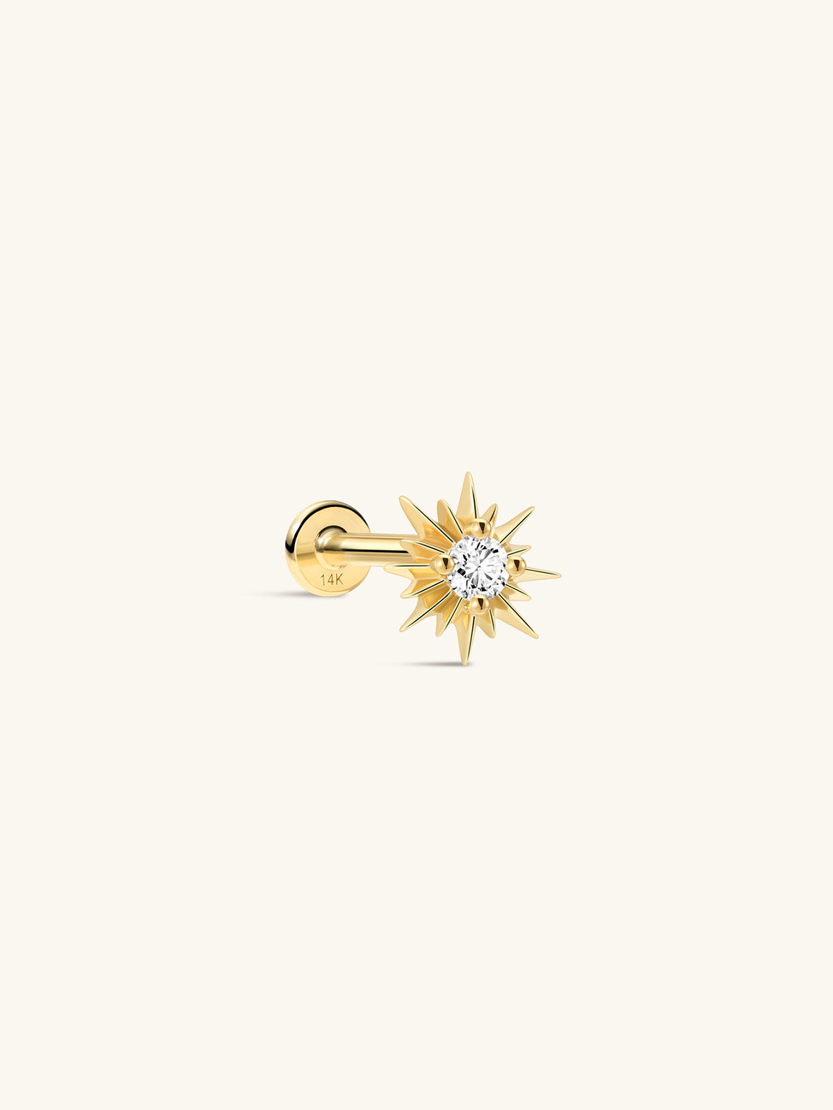 KOSINER Étoile 14K Solid Gold Delicate Sun Flat Back Stud, multi-pointed radiating sunburst silhouette, center prong-set round clear cubic zirconia, hypoallergenic internally threaded labret piercing earring for refined curated ear stacking