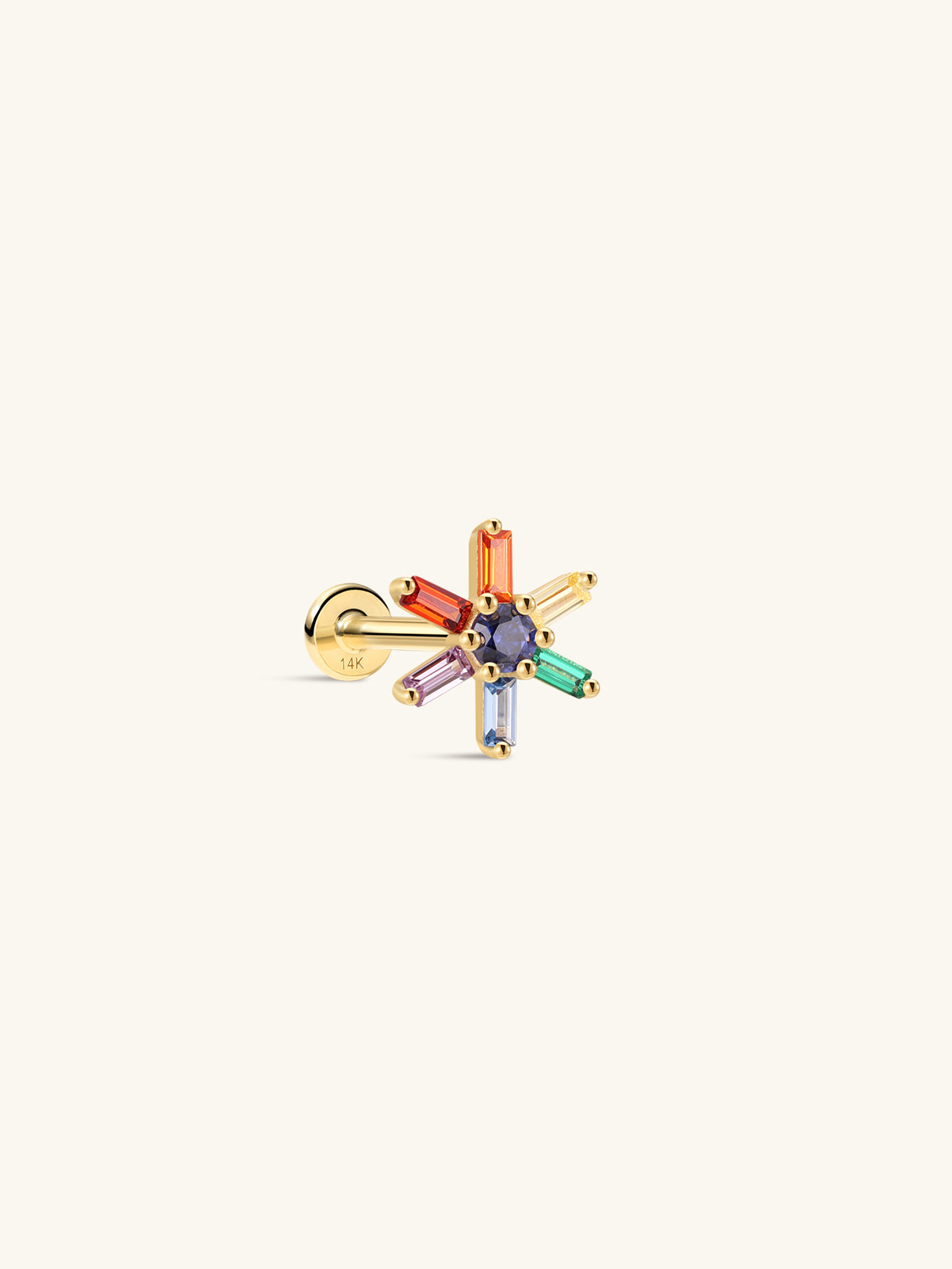 KOSINER rainbow blooming starburst flower 14K solid gold flat back stud, multi-color baguette cz cluster internal thread cartilage piercing earring with 14K marked post