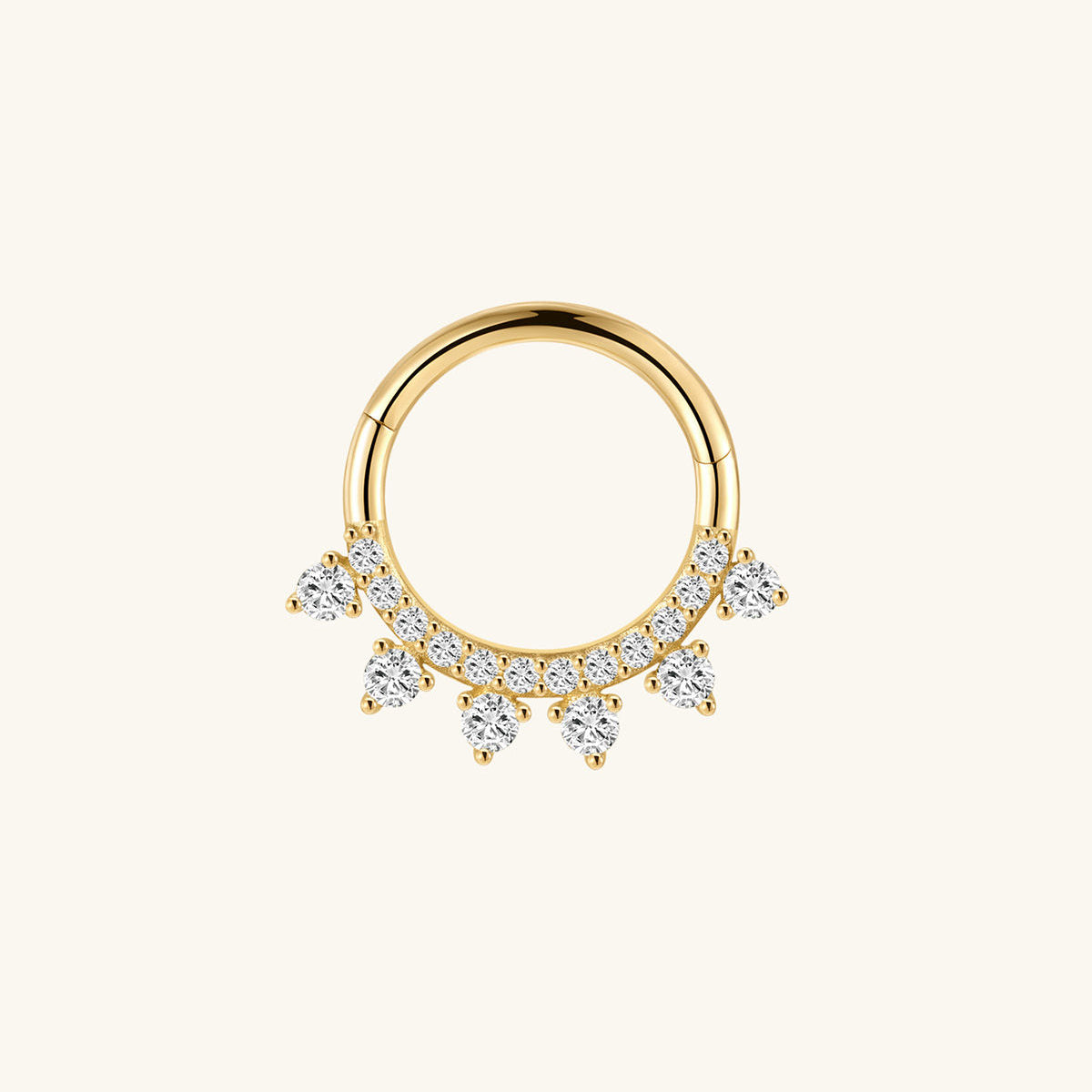 14K solid gold hoop earring with teardrop and round cubic zirconia crystals. 18g thickness, 8mm inner diameter.