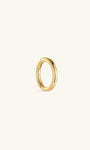 Single KOSINER 14K solid gold minimalist clicker hoop isolated on off-white background, engraved 14K marking on inner band, smooth polished round hinged piercing ring
