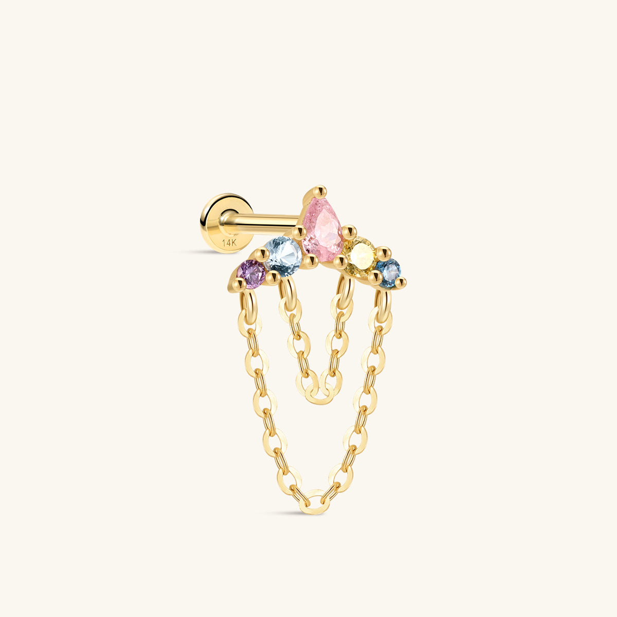 KOSINER five-color crown dual chain pendant 14K solid gold flat back stud, pear & round rainbow cz cluster internal threaded cartilage piercing earring with stamped 14K post
