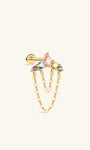 KOSINER five-color crown dual chain pendant 14K solid gold flat back stud, pear & round rainbow cz cluster internal threaded cartilage piercing earring with stamped 14K post
