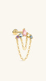KOSINER five-color crown dual chain pendant 14K solid gold flat back stud, pear & round rainbow cz cluster internal threaded cartilage piercing earring with stamped 14K post
