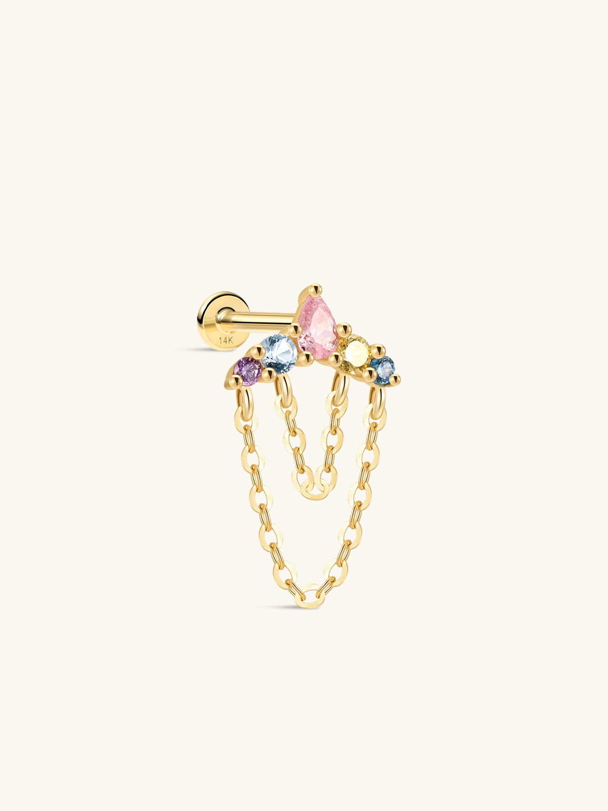 KOSINER five-color crown dual chain pendant 14K solid gold flat back stud, pear & round rainbow cz cluster internal threaded cartilage piercing earring with stamped 14K post