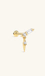 KOSINER Prism 14K solid gold sparkle rivet spike dangle flat back stud, angled baguette cubic zirconia bar with round accent stone, dangling pointed spike charm set with single round cz, internally threaded hypoallergenic helix piercing stud