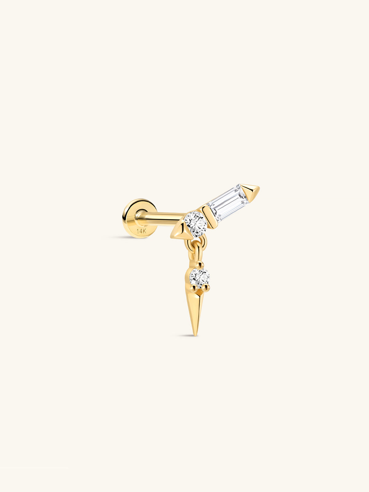 KOSINER Prism 14K solid gold sparkle rivet spike dangle flat back stud, angled baguette cubic zirconia bar with round accent stone, dangling pointed spike charm set with single round cz, internally threaded hypoallergenic helix piercing stud