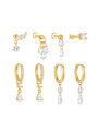 Collection of 8 gold 18K plated sterling silver drop earrings with cubic zirconia stones, including hoops and studs.