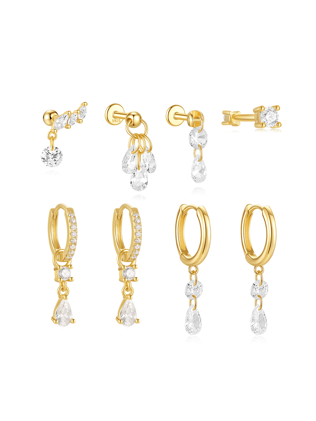 Collection of 8 gold 18K plated sterling silver drop earrings with cubic zirconia stones, including hoops and studs.