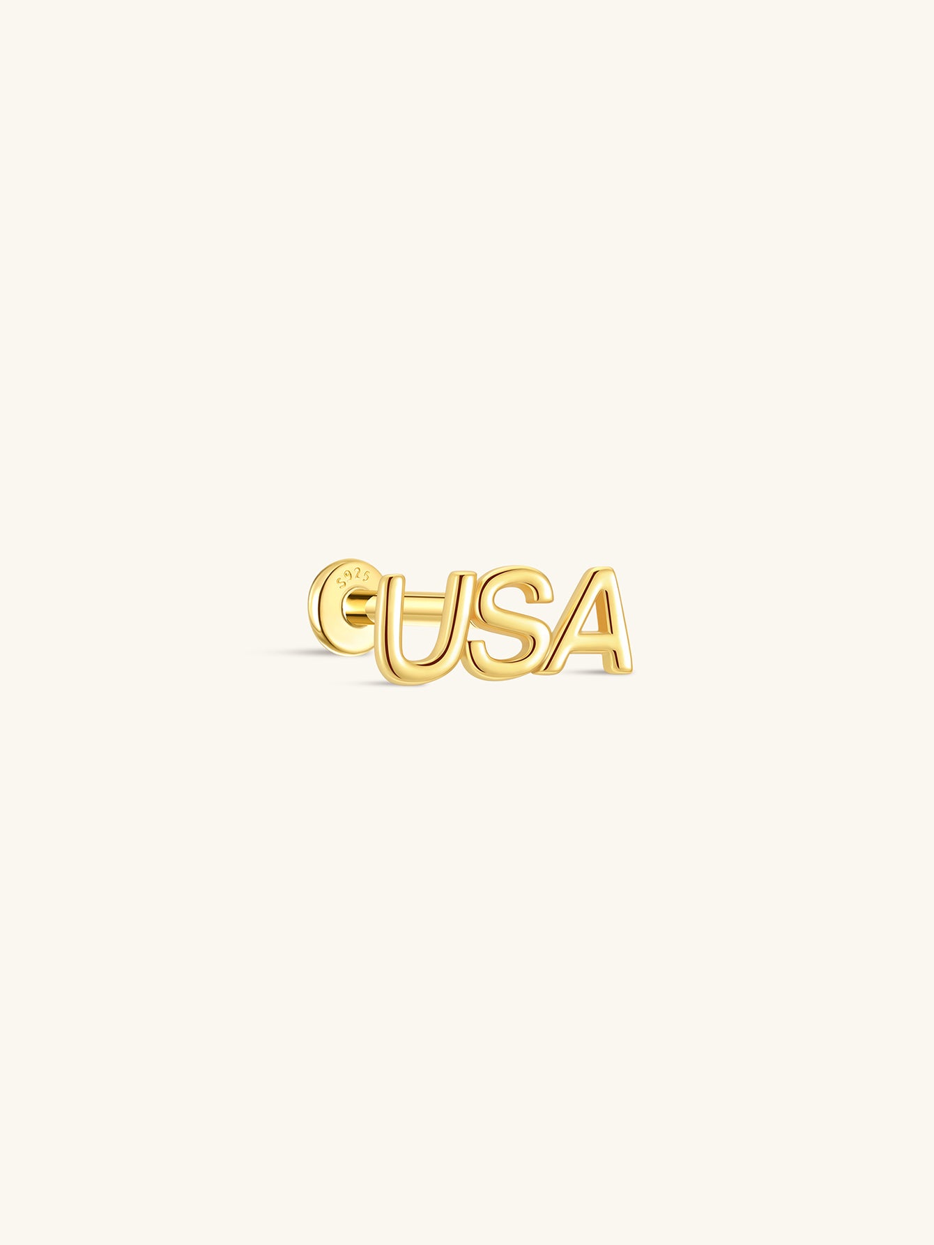 KOSINER 925 Sterling Silver Independence Day Classic USA Flat Back Stud, polished solid cursive USA letter design in glossy gold finish, hypoallergenic internally threaded cartilage piercing earring for minimalist patriotic 4th of July styling