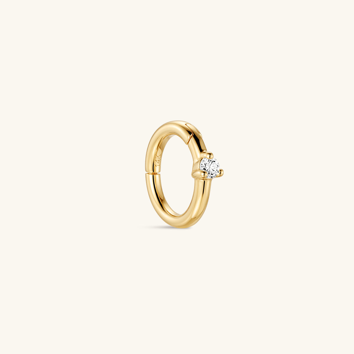 Single KOSINER 14K solid gold hinged clicker hoop earring with single prong-set lab-grown diamond accent, polished finish, isolated on plain off-white background