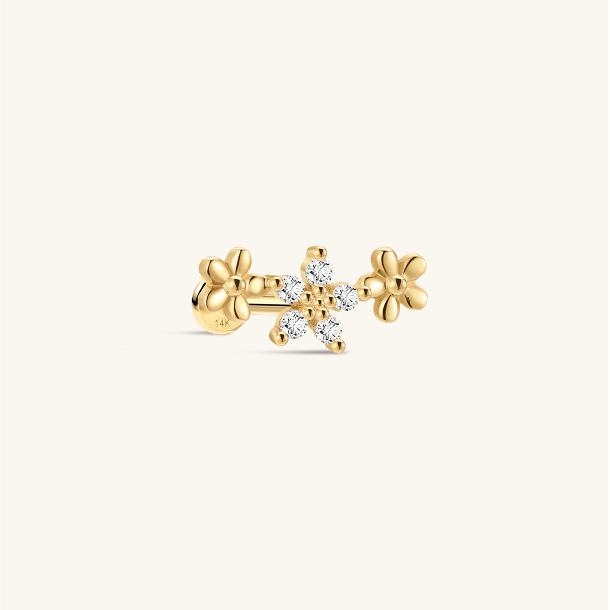 KOSINER 14K Solid Gold Flower Trio Flat Back Stud, Hypoallergenic Cartilage Earring for Helix Piercing