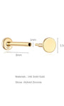 14K solid gold labret stud earring dimensions: 3.5mm disc, 8mm post, 1mm gauge. Materials: 14K gold, AAAAA Zirconia.