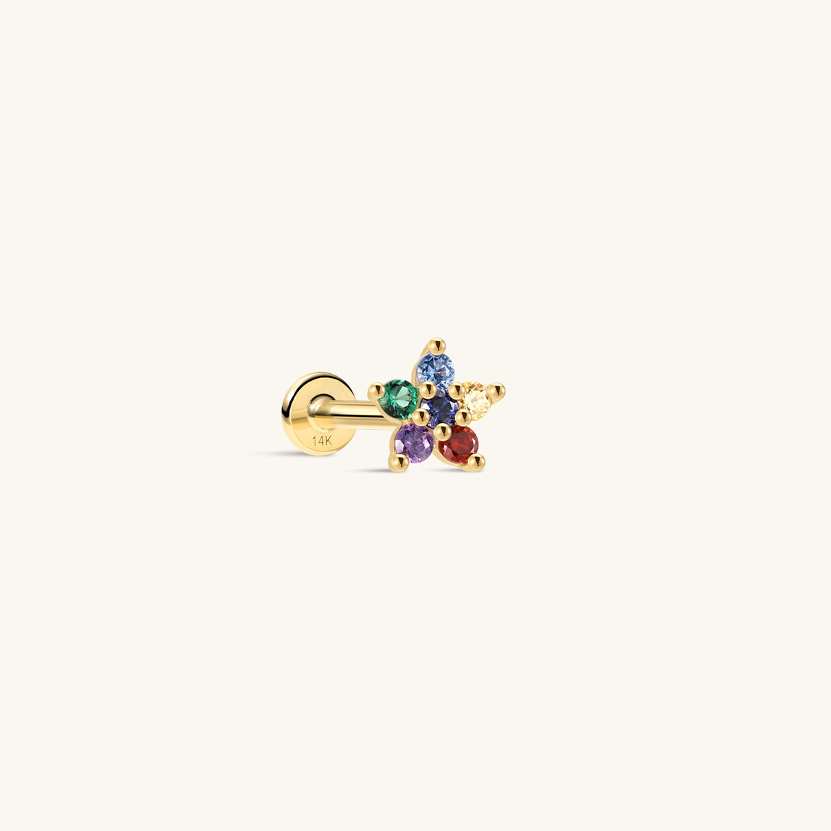 KOSINER colorful five-petal rainbow flower 14K solid gold flat back stud, 14k stamped internal threaded post multi round cz cartilage piercing earring
