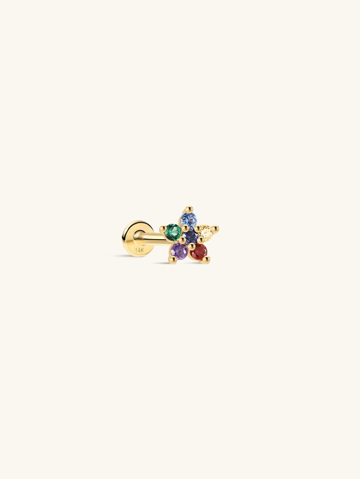 KOSINER colorful five-petal rainbow flower 14K solid gold flat back stud, 14k stamped internal threaded post multi round cz cartilage piercing earring