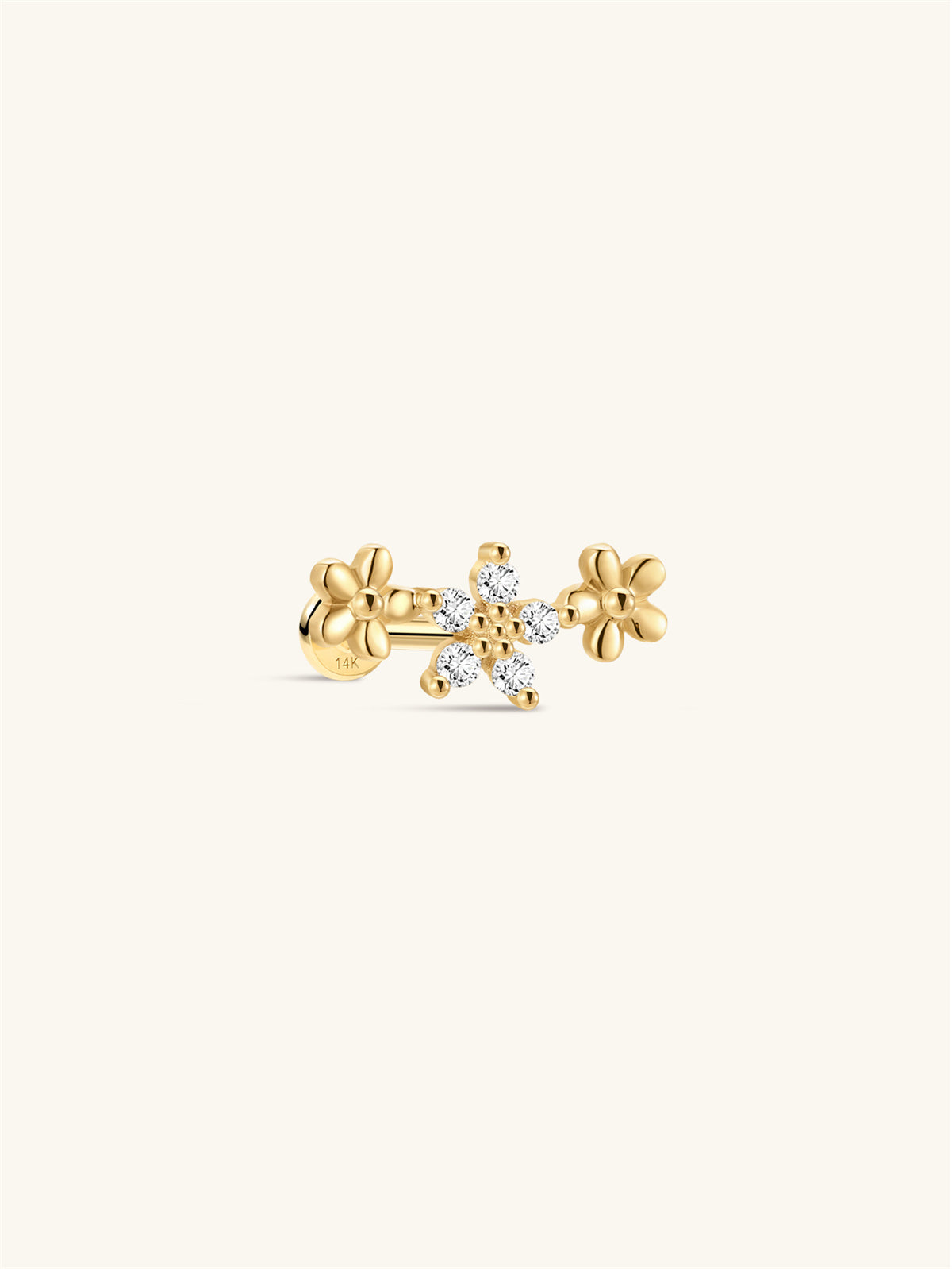 KOSINER 14K Solid Gold Flower Trio Flat Back Stud, Hypoallergenic Cartilage Earring for Helix Piercing