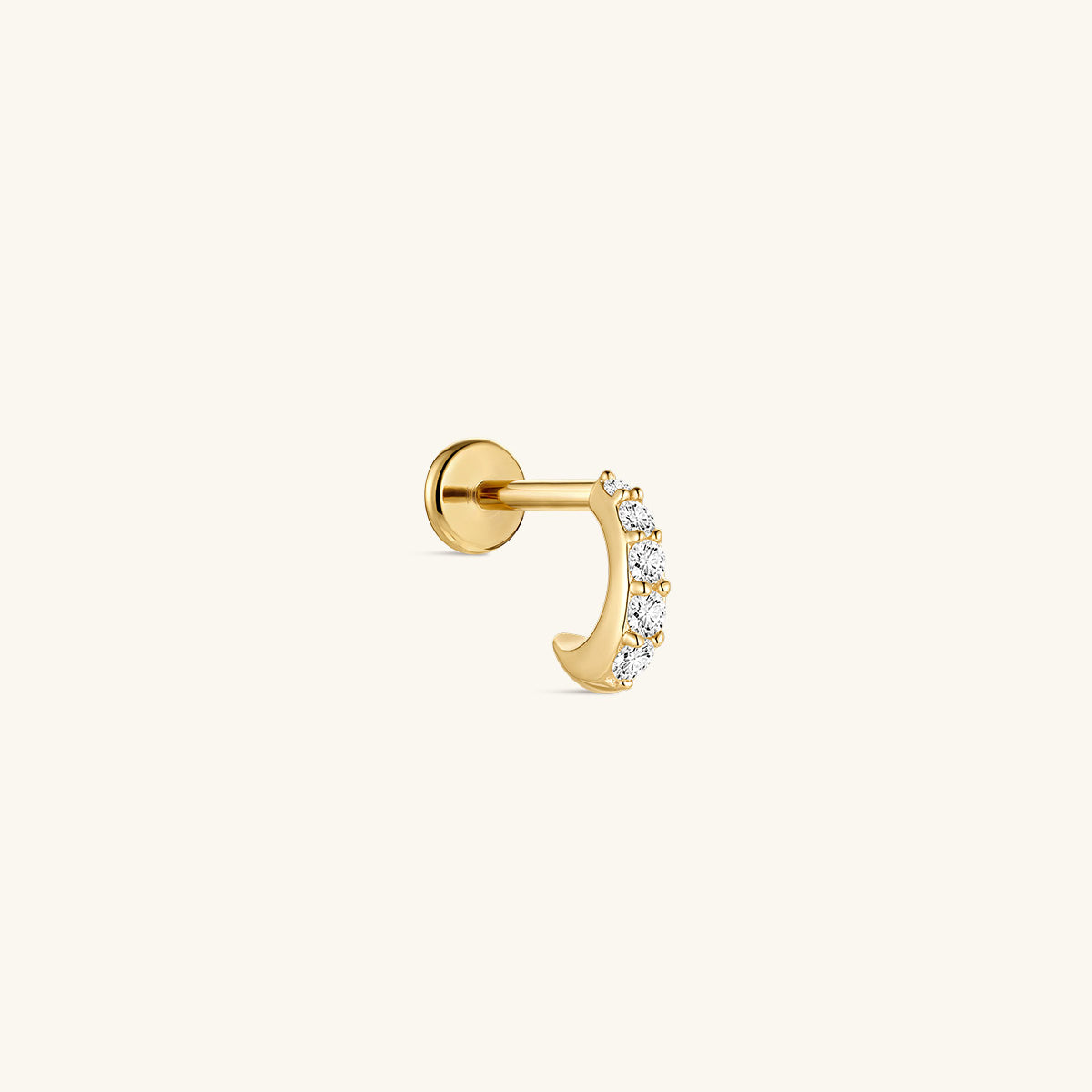 KOSINER 14K solid gold delicate C-shape flat back piercing stud, internally threaded design lined with vertical pavé-set clear cubic zirconia stones, polished gold finish, isolated on plain off-white background