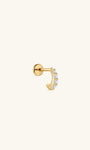 KOSINER 14K solid gold delicate C-shape flat back piercing stud, internally threaded design lined with vertical pavé-set clear cubic zirconia stones, polished gold finish, isolated on plain off-white background