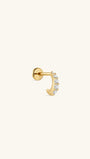 KOSINER 14K solid gold delicate C-shape flat back piercing stud, internally threaded design lined with vertical pavé-set clear cubic zirconia stones, polished gold finish, isolated on plain off-white background