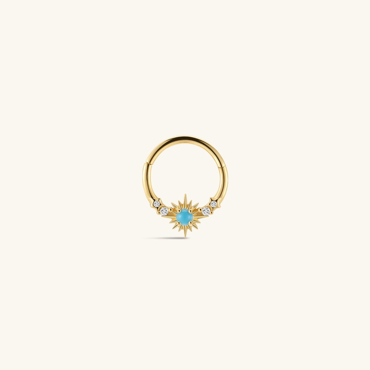 KOSINER Étoile 14K Solid Gold Elegant Turquoise Sun Daith Clicker side profile, seamless hinged clicker ring design, sunburst setting with center turquoise and surrounding sparkling CZ stones, premium solid gold daith piercing jewelry