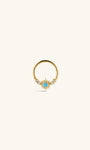 KOSINER Étoile 14K Solid Gold Elegant Turquoise Sun Daith Clicker side profile, seamless hinged clicker ring design, sunburst setting with center turquoise and surrounding sparkling CZ stones, premium solid gold daith piercing jewelry